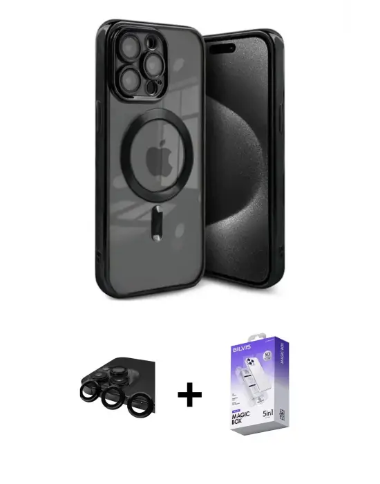 ieg™ iPhone 15 Pro Max Kılıf Nova Işık Özel Seri - Siyah Bilvis 5in1 3D Magic Cam Ekran Koruyucu + Raze Metal Kamera Lens - SH