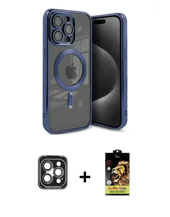 ieg™ iPhone 15 Pro Max Kılıf Nova Işık Özel Seri - Siyah Buffer Cam Ekran Koruyucu + PVD Metal Kamera Lens - GI