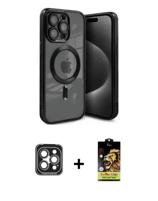 ieg™ iPhone 15 Pro Max Kılıf Nova Işık Özel Seri - Siyah Buffer Cam Ekran Koruyucu + PVD Metal Kamera Lens - GI