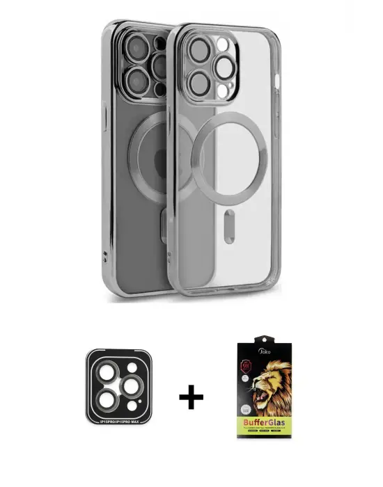 ieg™ iPhone 15 Pro Max Kılıf Nova Işık Özel Seri - Siyah Buffer Cam Ekran Koruyucu + PVD Metal Kamera Lens - GI