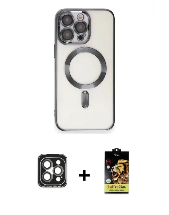 ieg™ iPhone 15 Pro Max Kılıf Nova Işık Özel Seri - Siyah Buffer Cam Ekran Koruyucu + PVD Metal Kamera Lens - GI
