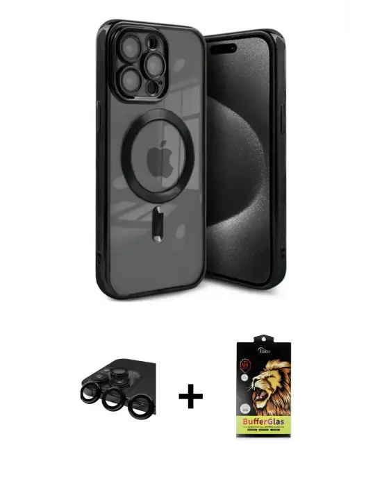 ieg™ iPhone 15 Pro Max Kılıf Nova Işık Özel Seri - Siyah Buffer Cam Ekran Koruyucu + Raze Metal Kamera Lens - SH