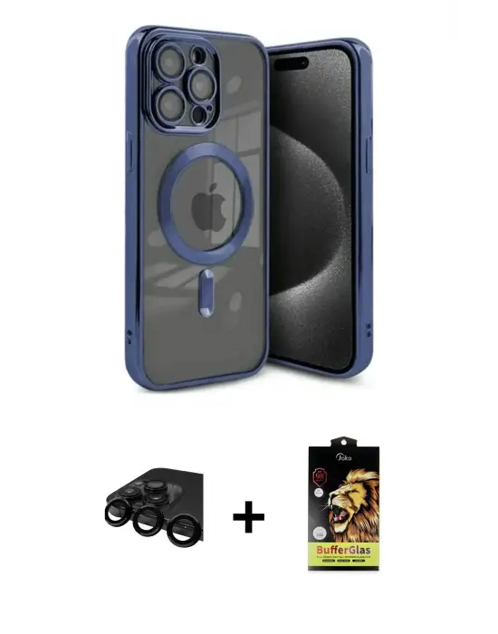 ieg™ iPhone 15 Pro Max Kılıf Nova Işık Özel Seri - Siyah Buffer Cam Ekran Koruyucu + Raze Metal Kamera Lens - SH