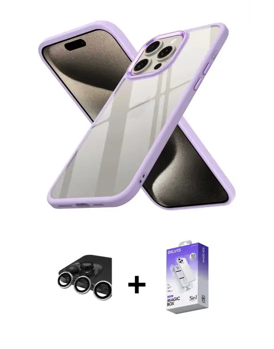 ieg™ iPhone 15 Pro Max Kılıf Nova Işık Serisi - Siyah Bilvis 5in1 3D Magic Cam Ekran Koruyucu + Raze Metal Kamera Lens - GS