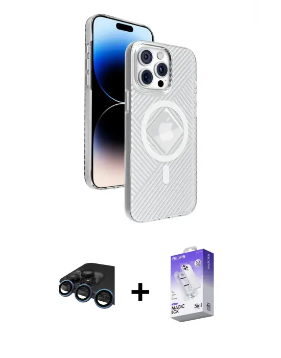 ieg™ iPhone 15 Pro Max Kılıf Nova Modern Prime - Siyah Bilvis 5in1 3D Magic Cam Ekran Koruyucu + Raze Metal Kamera Lens - LT