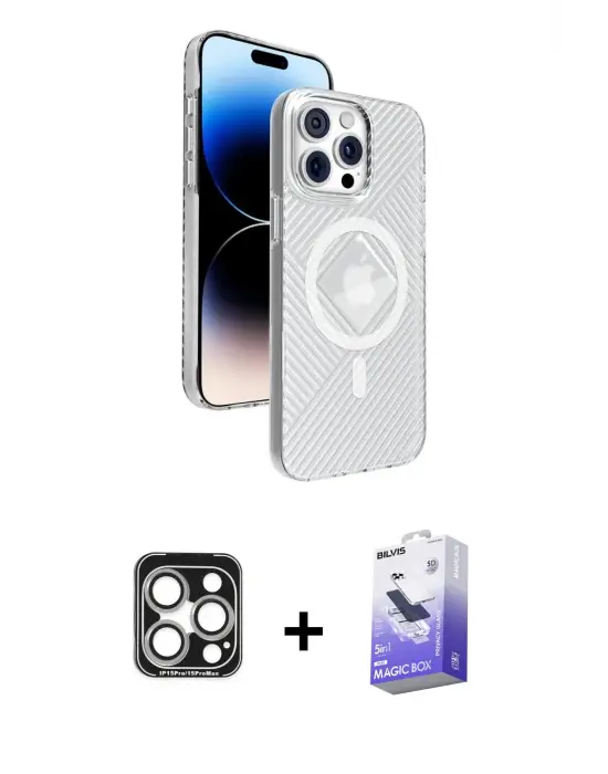 ieg™ iPhone 15 Pro Max Kılıf Nova Modern Prime - Siyah Bilvis 5in1 5D Magic Hayalet Cam Ekran Koruyucu + PVD Metal Kamera Lens - GS