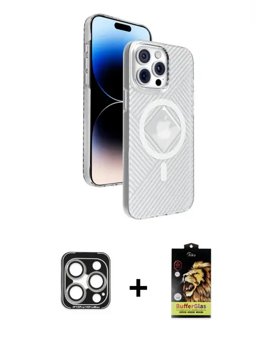ieg™ iPhone 15 Pro Max Kılıf Nova Modern Prime - Siyah Buffer Cam Ekran Koruyucu + PVD Metal Kamera Lens - GS