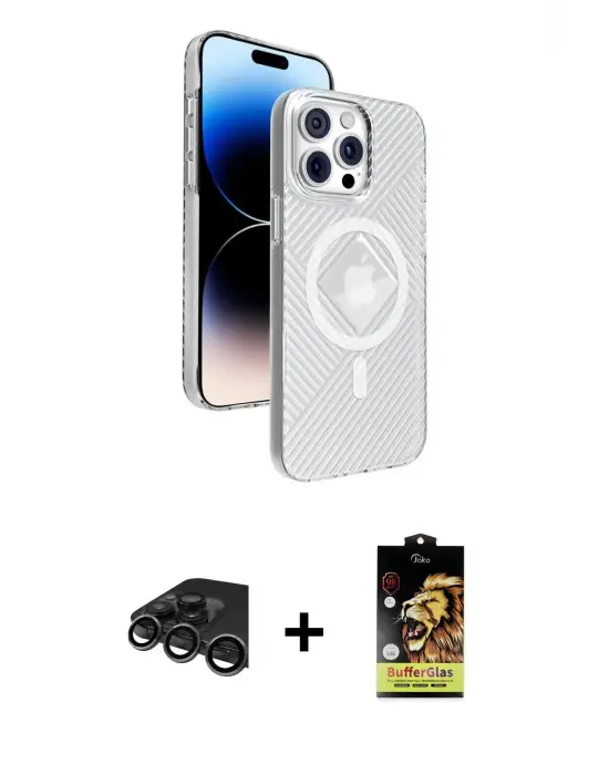 ieg™ iPhone 15 Pro Max Kılıf Nova Modern Prime - Siyah Buffer Cam Ekran Koruyucu + Raze Metal Kamera Lens - TMGI