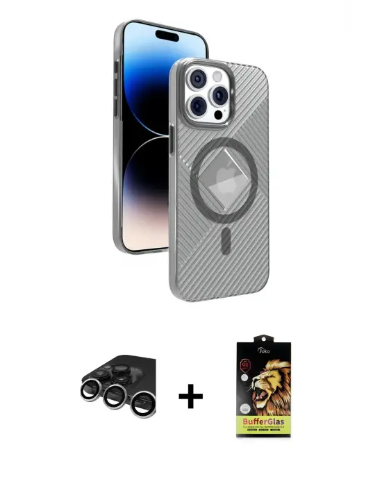 ieg™ iPhone 15 Pro Max Kılıf Nova Modern Prime - Siyah Buffer Cam Ekran Koruyucu + Raze Metal Kamera Lens - GS