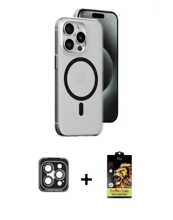 ieg™ iPhone 15 Pro Max Kılıf Odak Form Özel Seri - Siyah Buffer Cam Ekran Koruyucu + PVD Metal Kamera Lens - GI