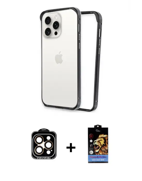 ieg™ iPhone 15 Pro Max Kılıf Pusula Asil Koleksiyonu - Siyah Buffer Hayalet Cam Ekran Koruyucu + PVD Metal Kamera Lens - TU