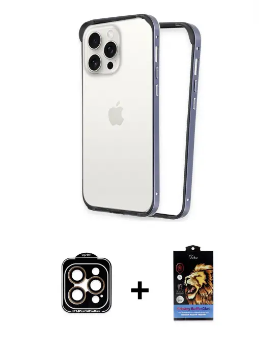 ieg™ iPhone 15 Pro Max Kılıf Pusula Asil Koleksiyonu - Siyah Buffer Hayalet Cam Ekran Koruyucu + PVD Metal Kamera Lens - TU