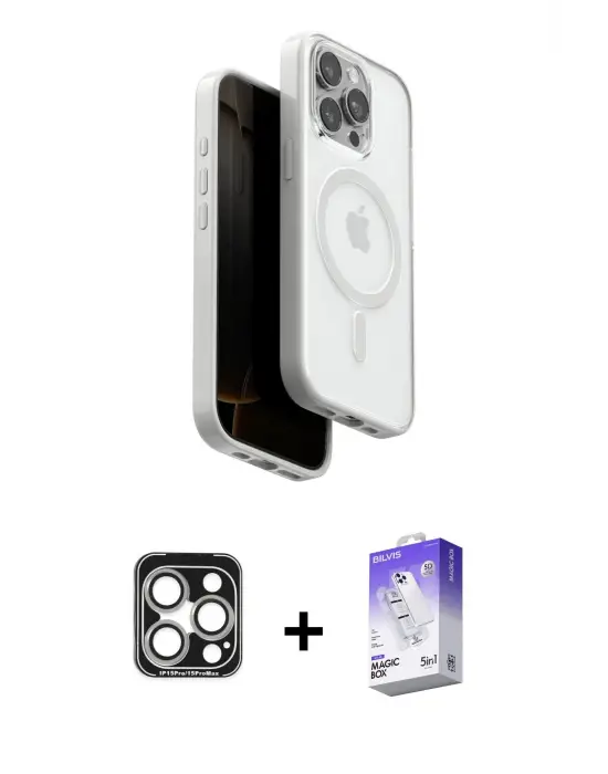 ieg™ iPhone 15 Pro Max Kılıf Pusula Form Serisi - Siyah Bilvis 5in1 3D Magic Cam Ekran Koruyucu + PVD Metal Kamera Lens - GS