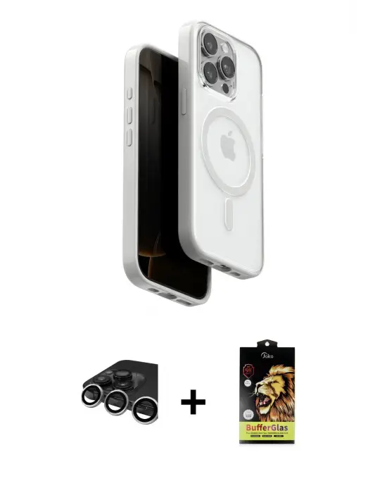 ieg™ iPhone 15 Pro Max Kılıf Pusula Form Serisi - Siyah Buffer Cam Ekran Koruyucu + Raze Metal Kamera Lens - GS