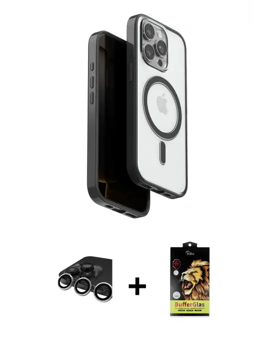 ieg™ iPhone 15 Pro Max Kılıf Pusula Form Serisi - Siyah Buffer Cam Ekran Koruyucu + Raze Metal Kamera Lens - GS