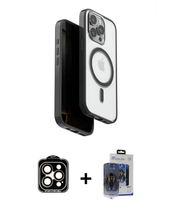 ieg™ iPhone 15 Pro Max Kılıf Pusula Form Serisi - Siyah Vanessa Magic Cam + PVD Metal Kamera Lens - TU