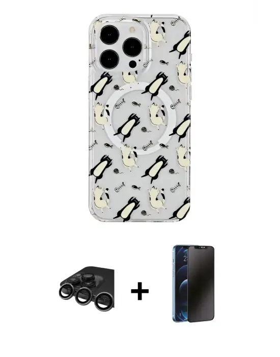 ieg™ iPhone 15 Pro Max Kılıf Pusula Form - Siyah 3D Antistatik Hayalet Cam Ekran Koruyucu + Raze Metal Kamera Lens - TMGI