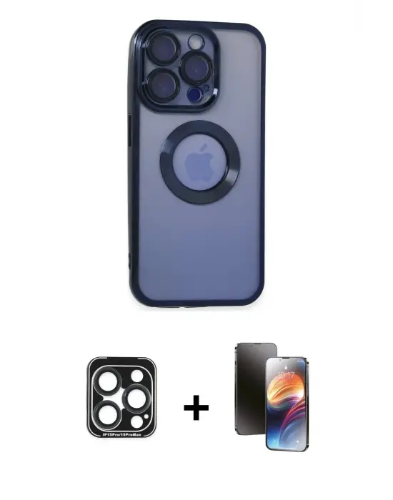 ieg™ iPhone 15 Pro Max Kılıf Pusula Form - Siyah 3D Antistatik Mat Seramik Nano Ekran Koruyucu + PVD Metal Kamera Lens - LT
