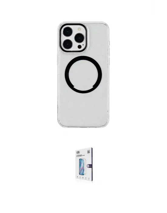 ieg™ iPhone 15 Pro Max Kılıf Pusula Form - Siyah Bilvis 0.18mm Plus Cam Ekran Koruyucu