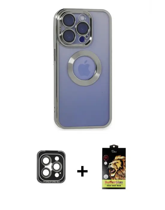 ieg™ iPhone 15 Pro Max Kılıf Pusula Form - Siyah Buffer Cam Ekran Koruyucu + PVD Metal Kamera Lens - GI