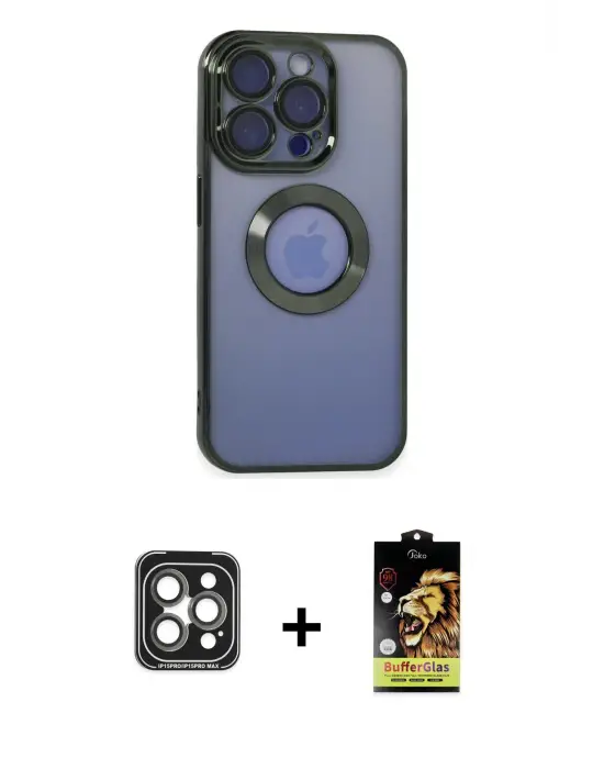 ieg™ iPhone 15 Pro Max Kılıf Pusula Form - Siyah Buffer Cam Ekran Koruyucu + PVD Metal Kamera Lens - GI