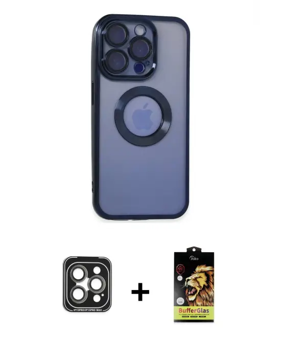 ieg™ iPhone 15 Pro Max Kılıf Pusula Form - Siyah Buffer Cam Ekran Koruyucu + PVD Metal Kamera Lens - GI