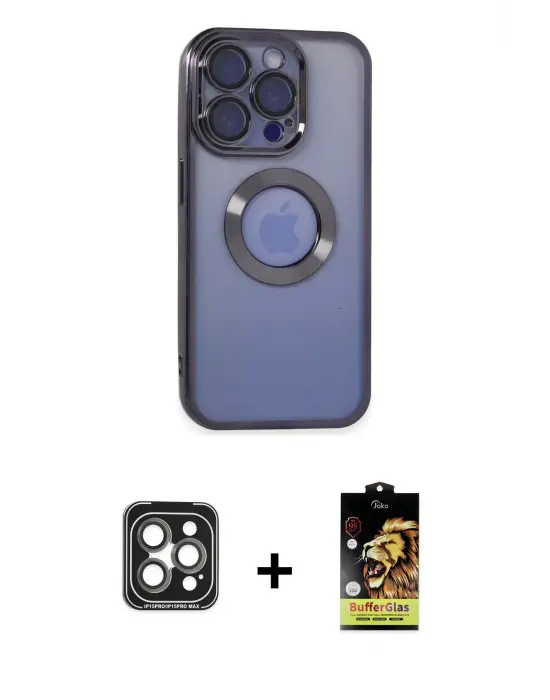 ieg™ iPhone 15 Pro Max Kılıf Pusula Form - Siyah Buffer Cam Ekran Koruyucu + PVD Metal Kamera Lens - GI