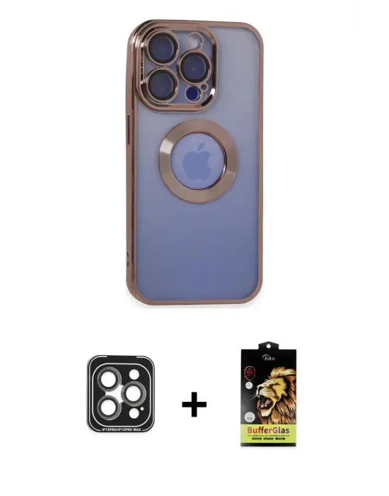 ieg™ iPhone 15 Pro Max Kılıf Pusula Form - Siyah Buffer Cam Ekran Koruyucu + PVD Metal Kamera Lens - GI