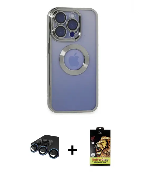 ieg™ iPhone 15 Pro Max Kılıf Pusula Form - Siyah Buffer Cam Ekran Koruyucu + Raze Metal Kamera Lens - LT