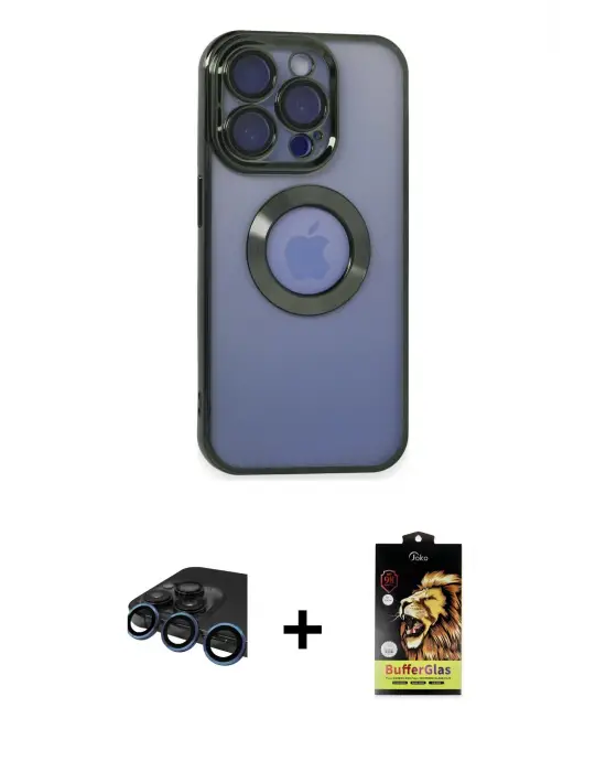 ieg™ iPhone 15 Pro Max Kılıf Pusula Form - Siyah Buffer Cam Ekran Koruyucu + Raze Metal Kamera Lens - LT