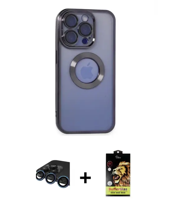 ieg™ iPhone 15 Pro Max Kılıf Pusula Form - Siyah Buffer Cam Ekran Koruyucu + Raze Metal Kamera Lens - LT