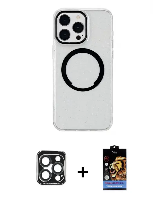 ieg™ iPhone 15 Pro Max Kılıf Pusula Form - Siyah Buffer Hayalet Cam Ekran Koruyucu + PVD Metal Kamera Lens - LT