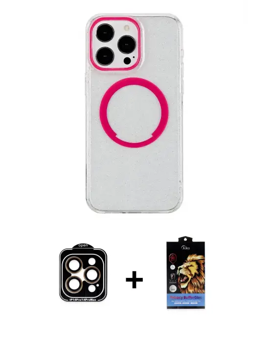 ieg™ iPhone 15 Pro Max Kılıf Pusula Form - Siyah Buffer Hayalet Cam Ekran Koruyucu + PVD Metal Kamera Lens - TU