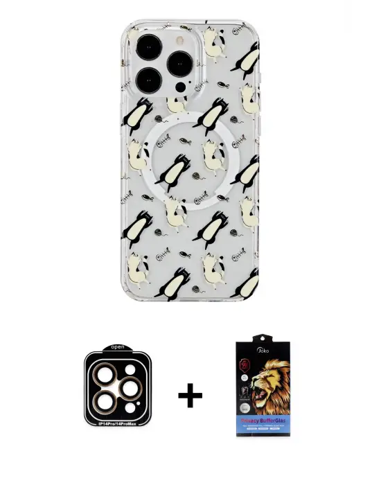 ieg™ iPhone 15 Pro Max Kılıf Pusula Form - Siyah Buffer Hayalet Cam Ekran Koruyucu + PVD Metal Kamera Lens - TU