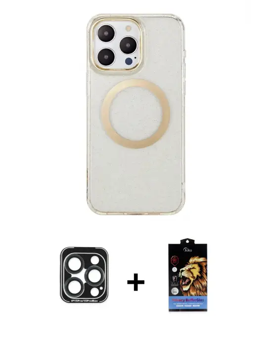 ieg™ iPhone 15 Pro Max Kılıf Pusula Form - Siyah Buffer Hayalet Cam Ekran Koruyucu + PVD Metal Kamera Lens - LT