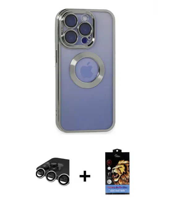 ieg™ iPhone 15 Pro Max Kılıf Pusula Form - Siyah Buffer Hayalet Cam Ekran Koruyucu + Raze Metal Kamera Lens - GS