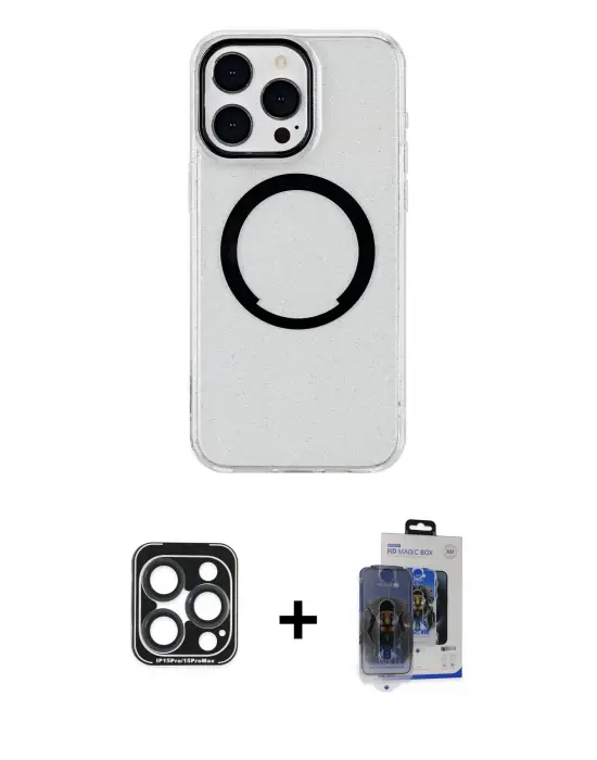 ieg™ iPhone 15 Pro Max Kılıf Pusula Form - Siyah Vanessa Magic Cam + PVD Metal Kamera Lens - LT