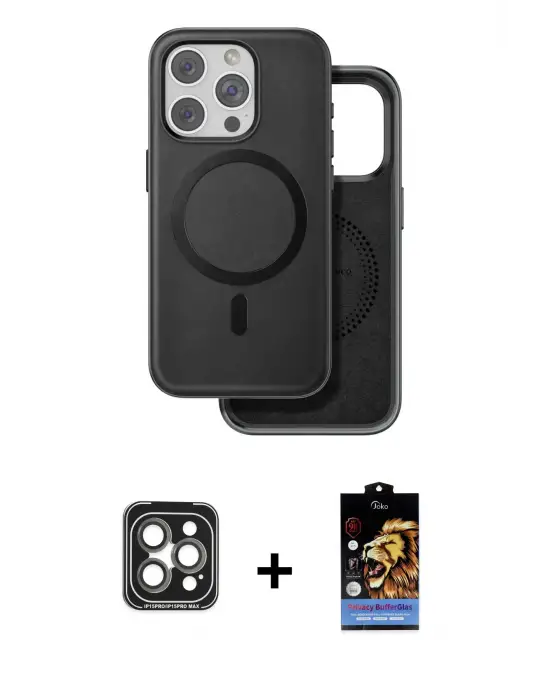 ieg™ iPhone 15 Pro Max Kılıf Pusula Işık Koleksiyonu - Siyah Buffer Hayalet Cam Ekran Koruyucu + PVD Metal Kamera Lens - GI