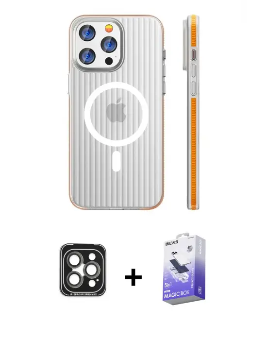 ieg™ iPhone 15 Pro Max Kılıf Pusula Minimal Koleksiyonu - Siyah Bilvis 5in1 5D Magic Hayalet Cam Ekran Koruyucu + PVD Metal Kamera Lens - GI