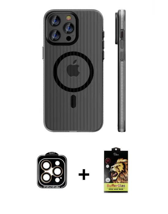 ieg™ iPhone 15 Pro Max Kılıf Pusula Minimal Koleksiyonu - Siyah Buffer Cam Ekran Koruyucu + PVD Metal Kamera Lens - TU
