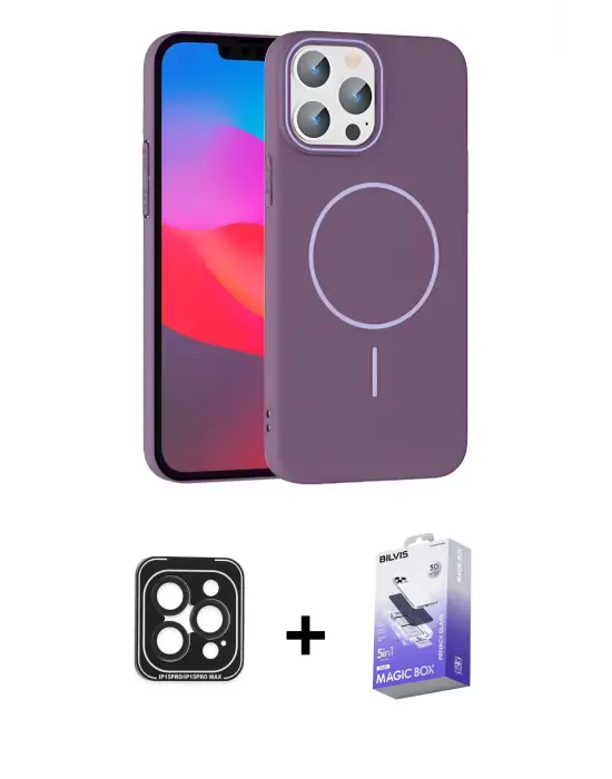 ieg™ iPhone 15 Pro Max Kılıf Siluet Doku Özel Seri - Siyah Bilvis 5in1 5D Magic Hayalet Cam Ekran Koruyucu + PVD Metal Kamera Lens - SH