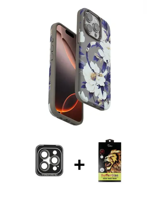 ieg™ iPhone 15 Pro Max Kılıf Siluet Doku - Siyah Buffer Cam Ekran Koruyucu + PVD Metal Kamera Lens - GI