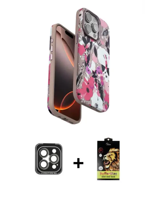 ieg™ iPhone 15 Pro Max Kılıf Siluet Doku - Siyah Buffer Cam Ekran Koruyucu + PVD Metal Kamera Lens - GI