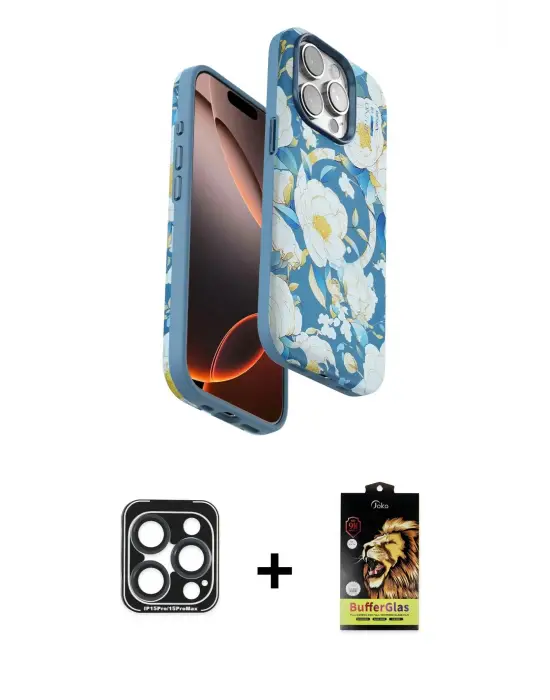 ieg™ iPhone 15 Pro Max Kılıf Siluet Doku - Siyah Buffer Cam Ekran Koruyucu + PVD Metal Kamera Lens - LT