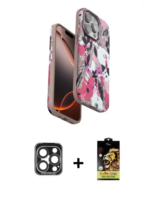 ieg™ iPhone 15 Pro Max Kılıf Siluet Doku - Siyah Buffer Cam Ekran Koruyucu + PVD Metal Kamera Lens - LT