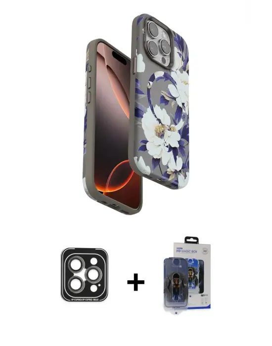 ieg™ iPhone 15 Pro Max Kılıf Siluet Doku - Siyah Vanessa Magic Cam + PVD Metal Kamera Lens - GI