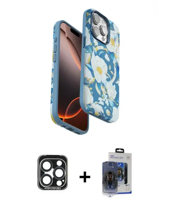 ieg™ iPhone 15 Pro Max Kılıf Siluet Doku - Siyah Vanessa Magic Cam + PVD Metal Kamera Lens - LT
