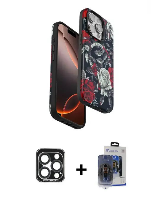 ieg™ iPhone 15 Pro Max Kılıf Siluet Doku - Siyah Vanessa Magic Cam + PVD Metal Kamera Lens - LT