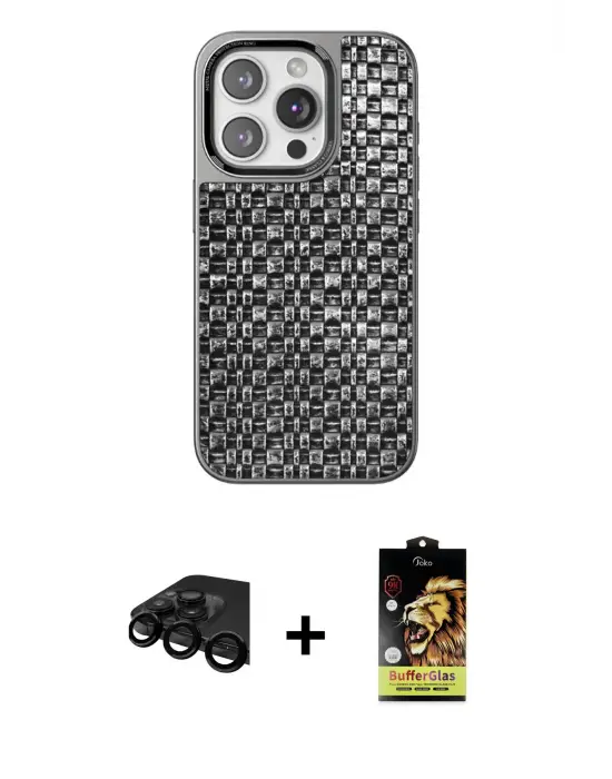 ieg™ iPhone 15 Pro Max Kılıf Siluet Form Serisi - Siyah Buffer Cam Ekran Koruyucu + Raze Metal Kamera Lens - SH