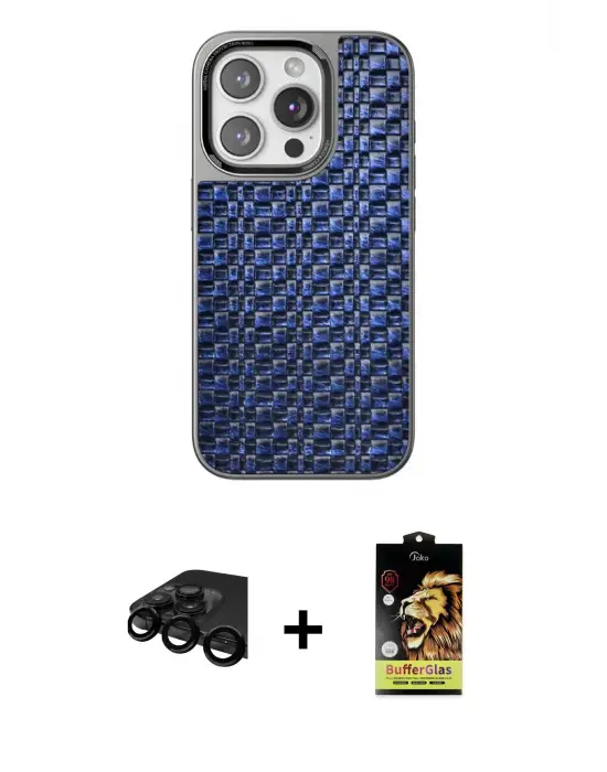 ieg™ iPhone 15 Pro Max Kılıf Siluet Form Serisi - Siyah Buffer Cam Ekran Koruyucu + Raze Metal Kamera Lens - SH